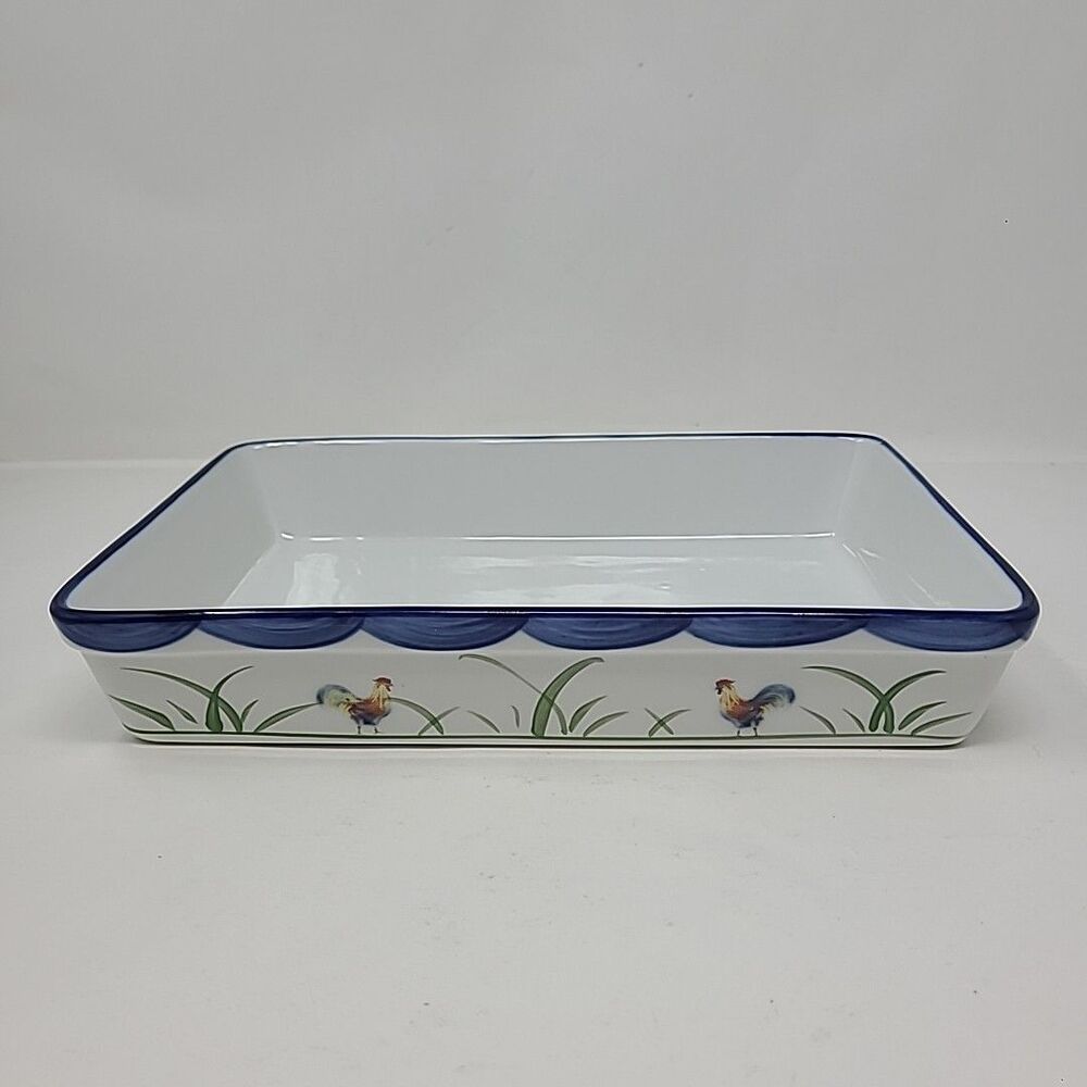 BIA Blanc de Table Rooster Square Casserole Baking Dish Blue Trim 11"x8"